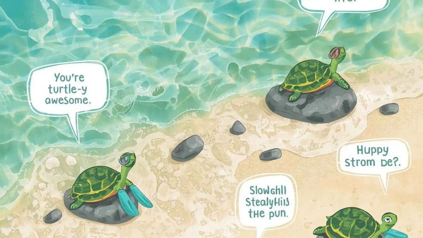 Cute turtles lounging on beach rocks with hilarious original puns floating in speech bubbles.