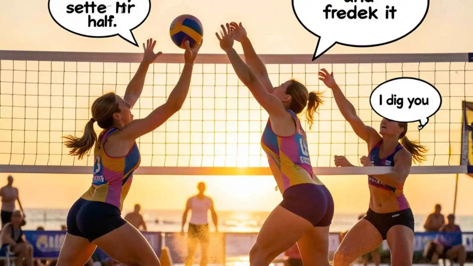 Players leaping for a volleyball spike with hilarious original puns floating in speech bubbles.