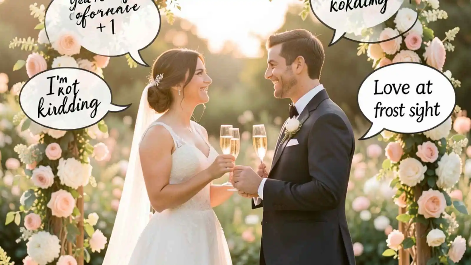 Bride and groom under floral arch with hilarious original wedding puns floating in speech bubbles.