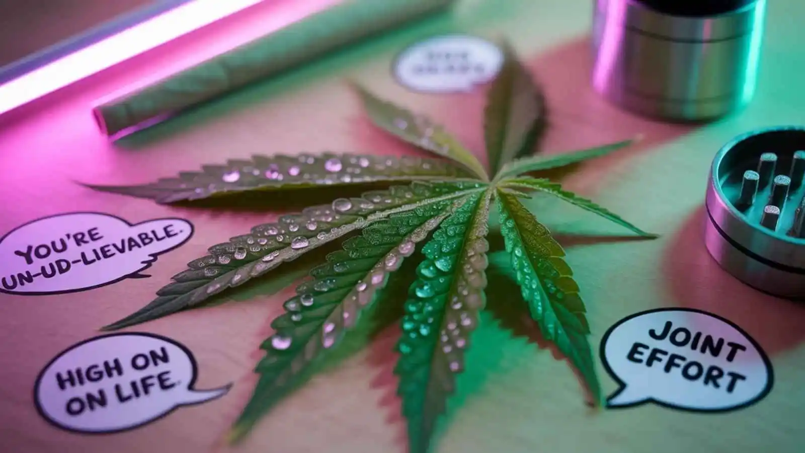 Vibrant cannabis leaf and accessories with hilarious original weed puns floating in speech bubbles.