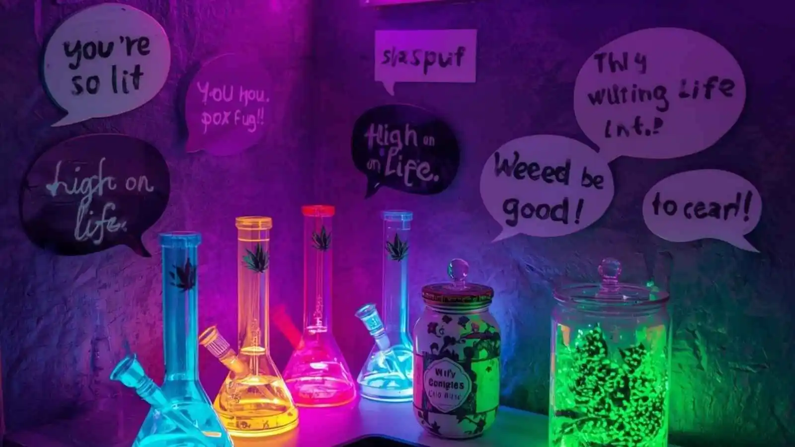 Stylish weed setup with glowing accessories and funny original puns floating in speech bubbles.