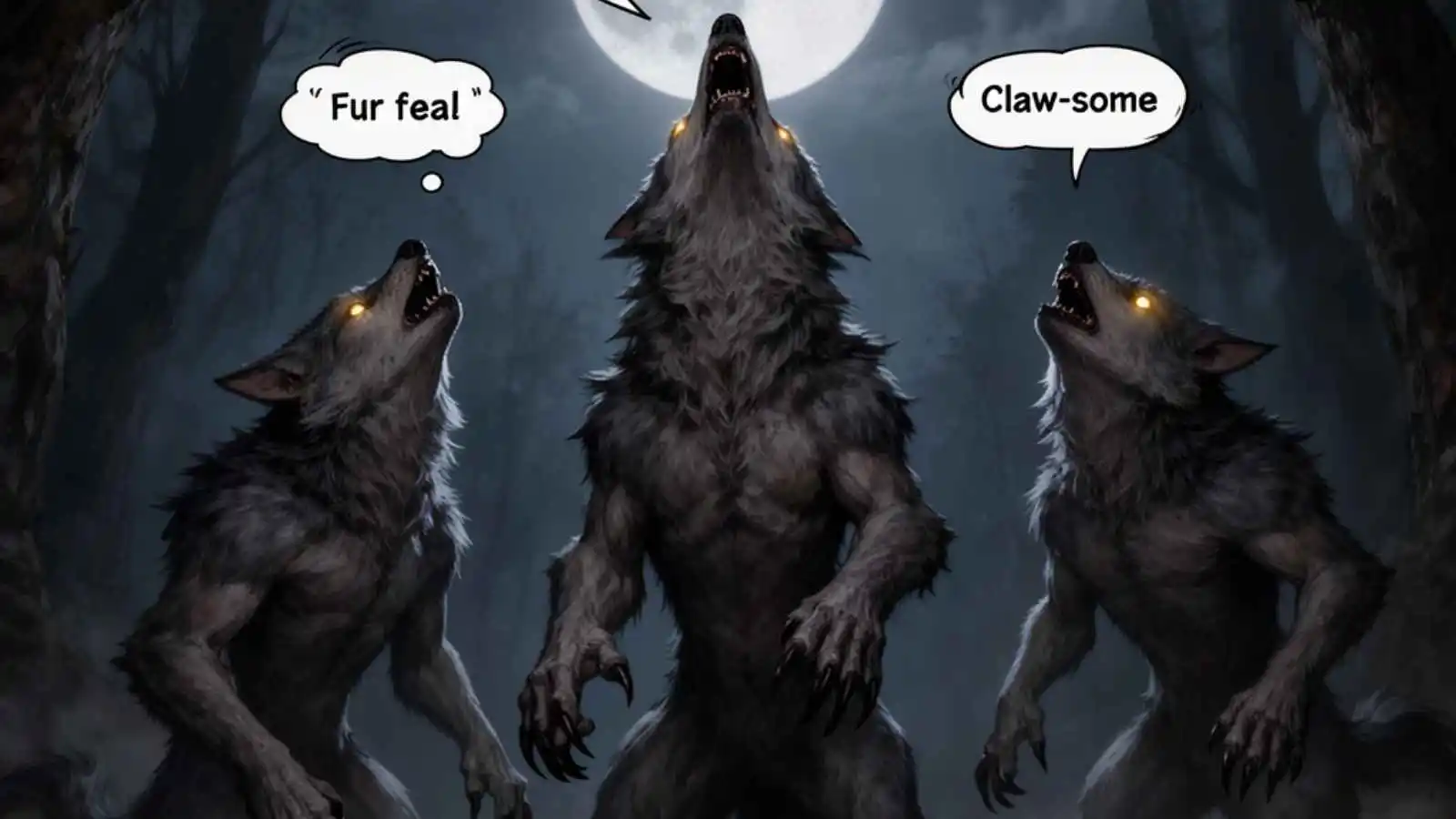 Pack of werewolves howling under a full moon with hilarious original puns floating in speech bubbles.