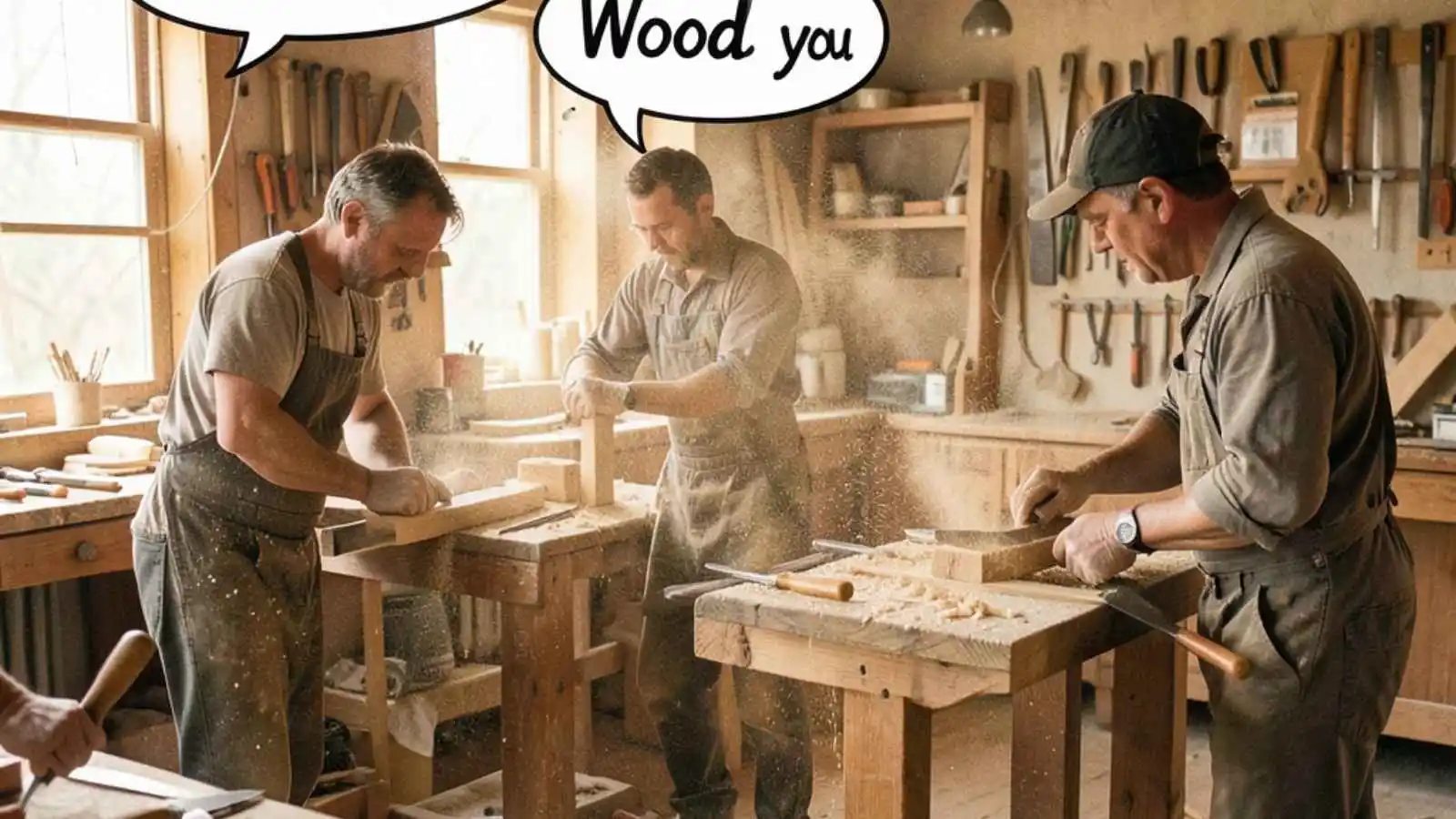 Busy woodworking shop with sawdust and tools, hilarious original wood puns floating in speech bubbles.