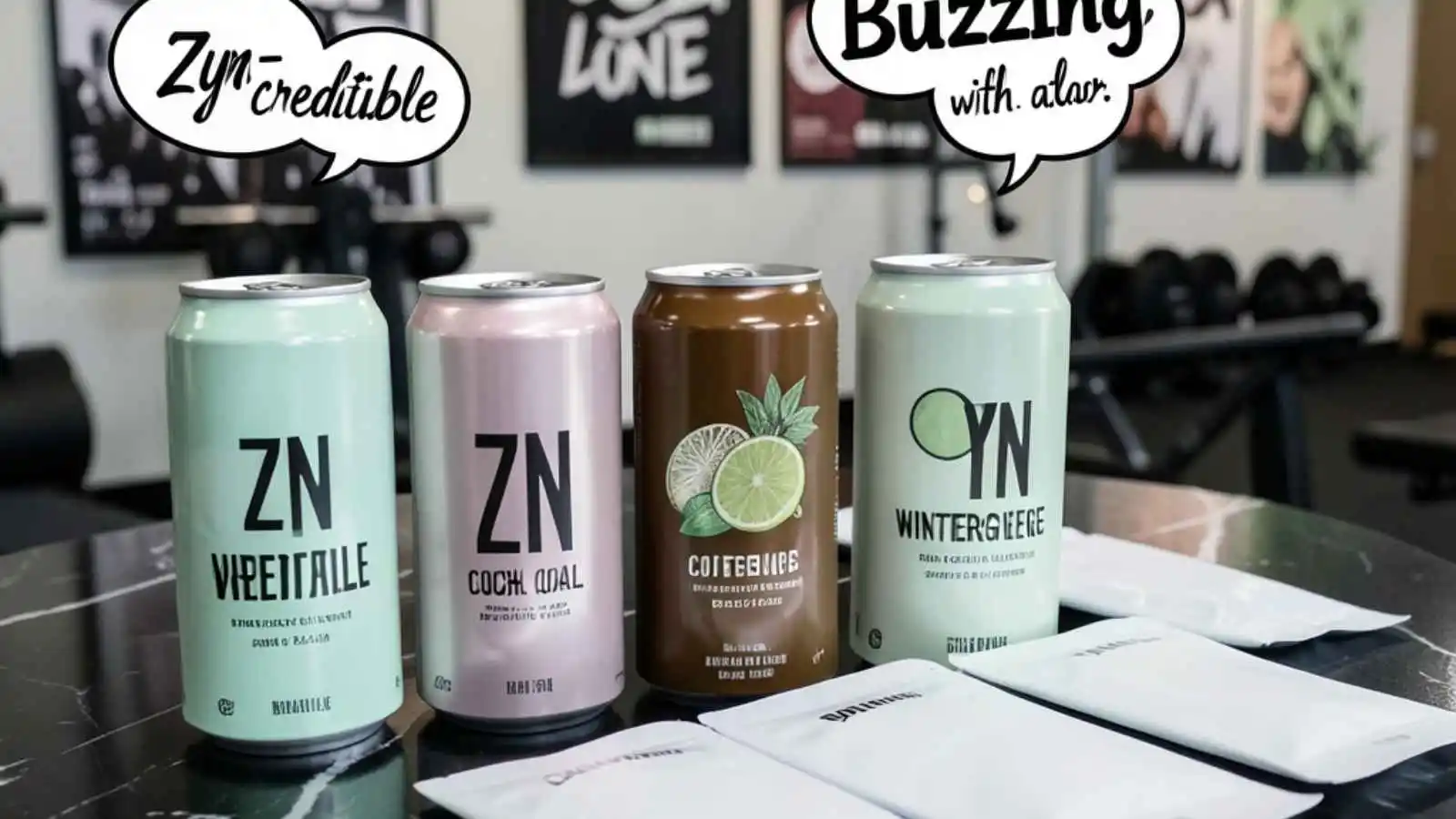 Row of stylish Zyn cans and pouches with funny original puns floating in speech bubbles.