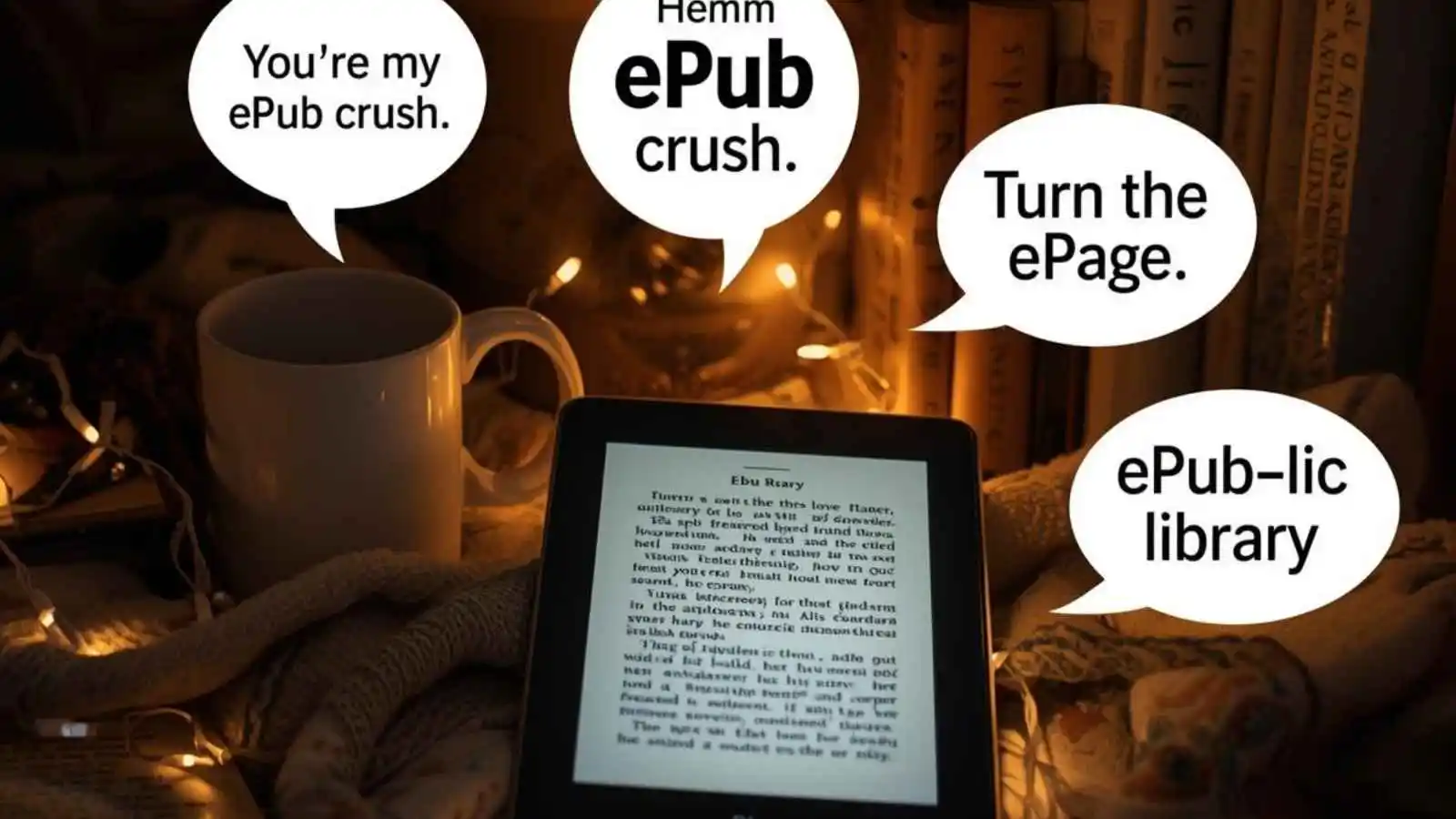 Cozy e-reader setup with open book page and funny original ePub puns floating in speech bubbles.