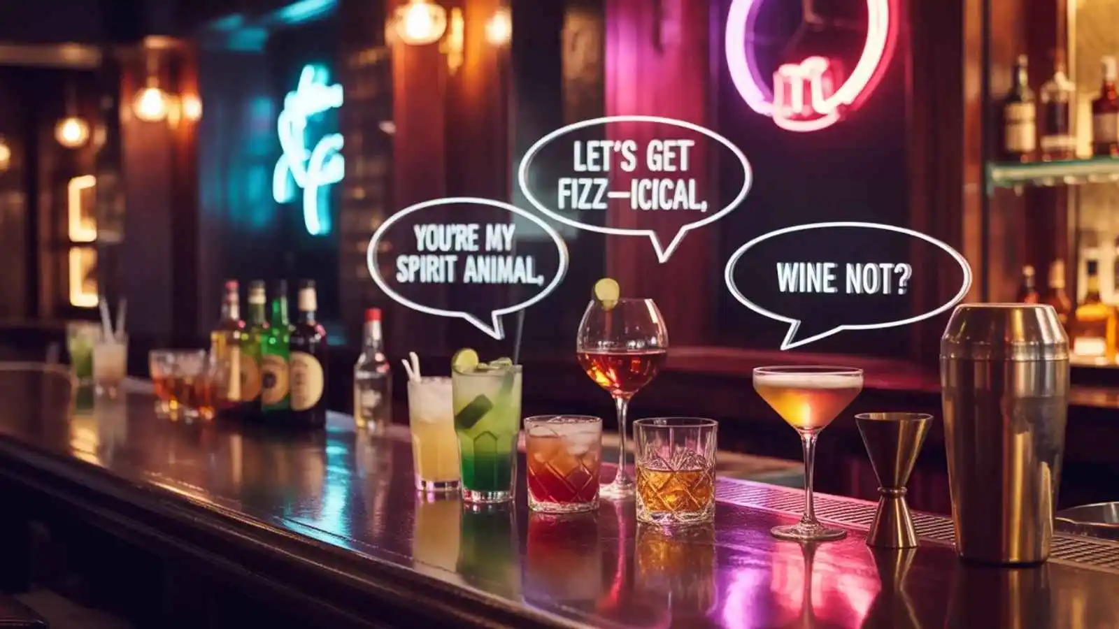 Elegant bar counter with cocktails and bottles, hilarious original alcohol puns floating in speech bubbles.