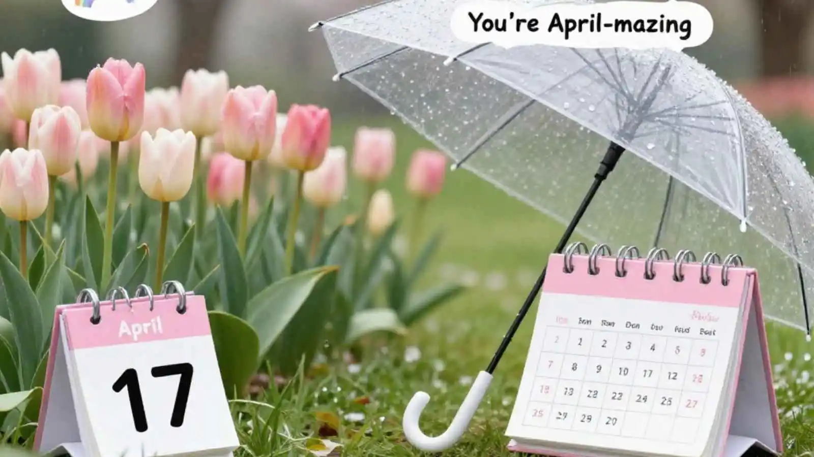 Colorful spring flowers and rain with hilarious original April puns floating in speech bubbles.