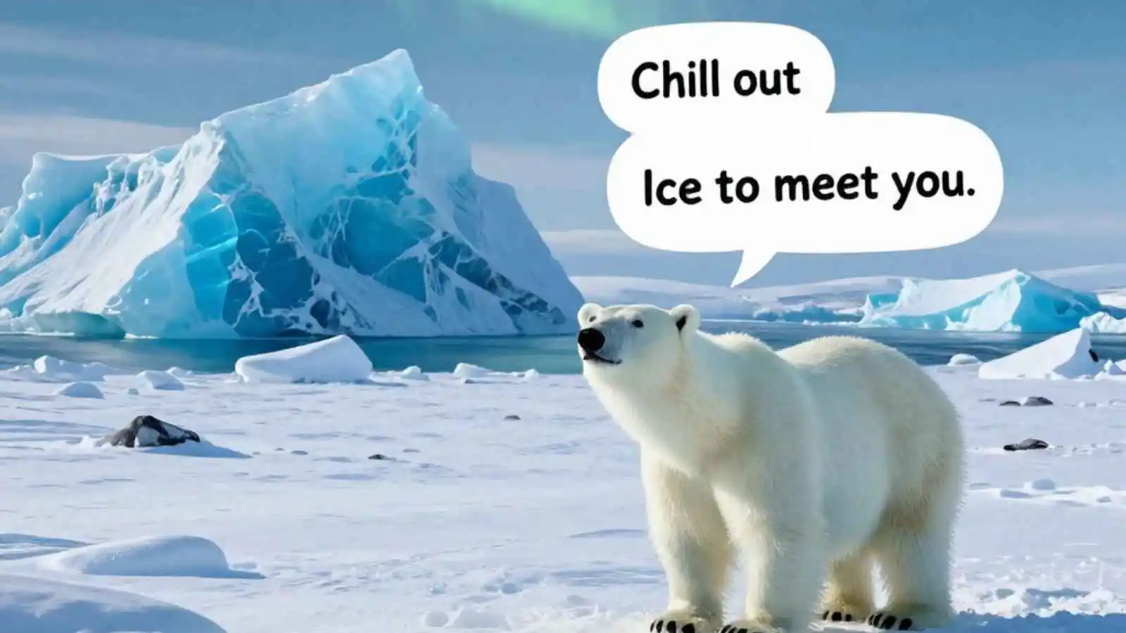 Stunning Arctic scene with polar bear and floating hilarious original puns in speech bubbles.