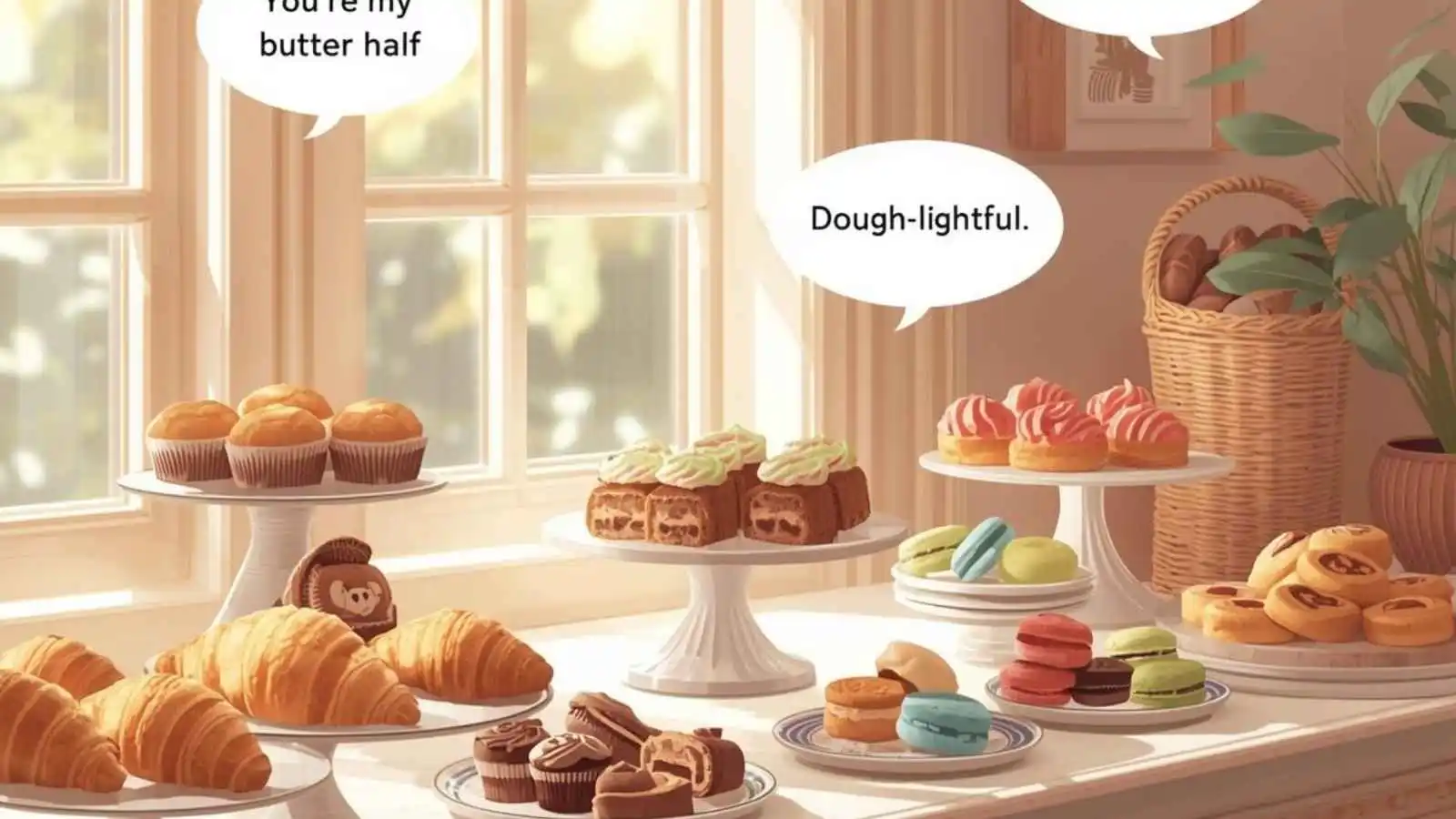 Freshly baked pastries and bread on a bakery counter with hilarious original puns floating in speech bubbles.