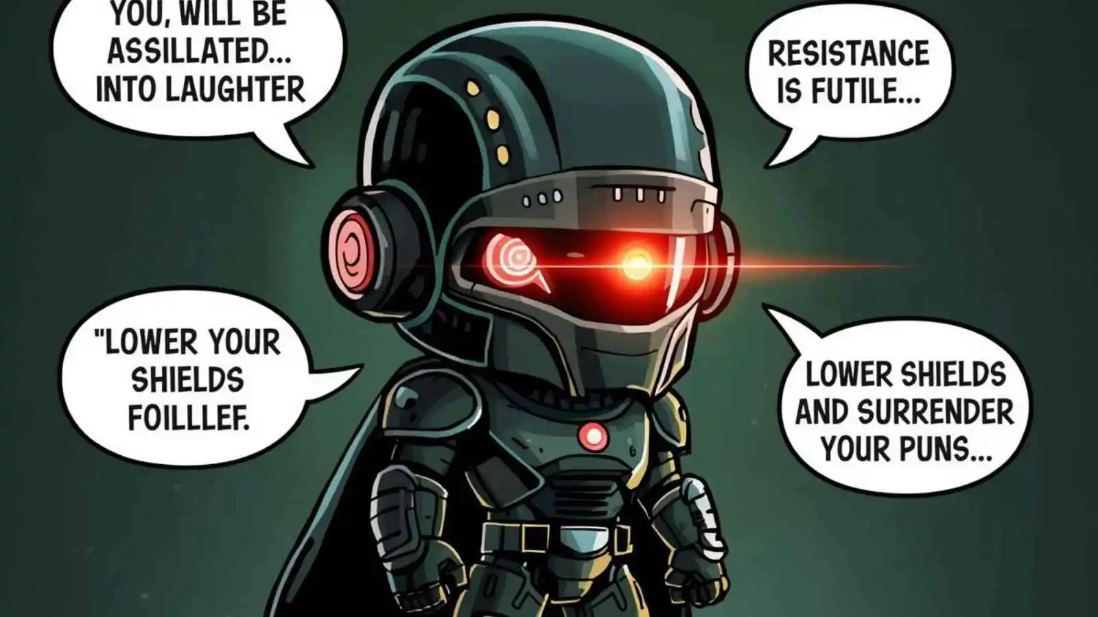 Classic Borg drone with red laser eye and hilarious original puns floating in speech bubbles.