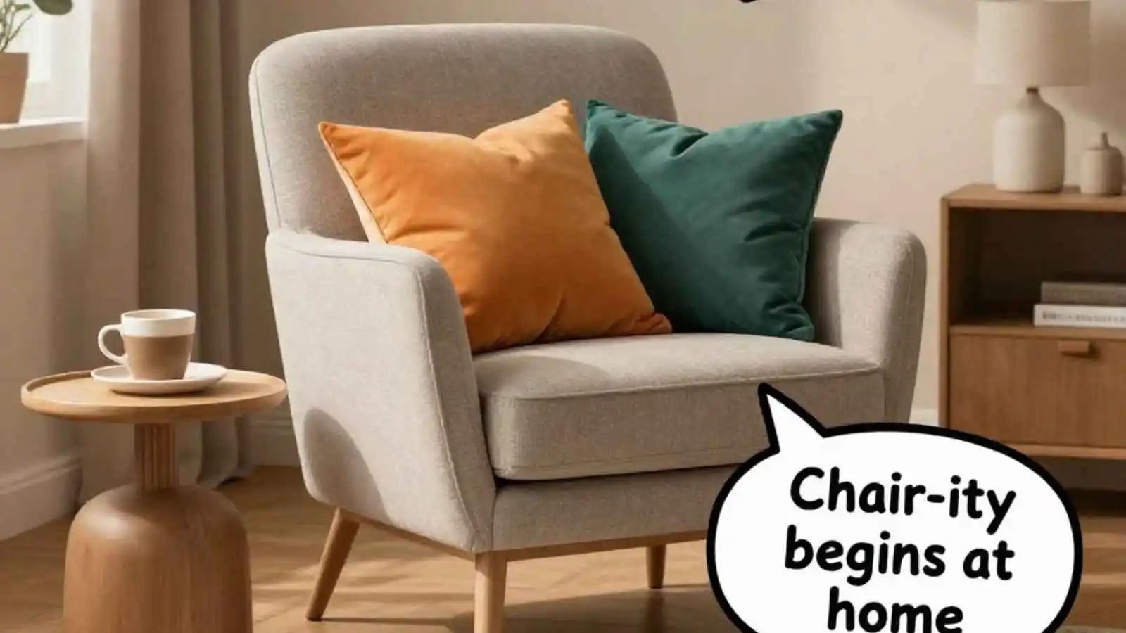 Stylish armchair in a cozy room with hilarious original chair puns floating in speech bubbles.