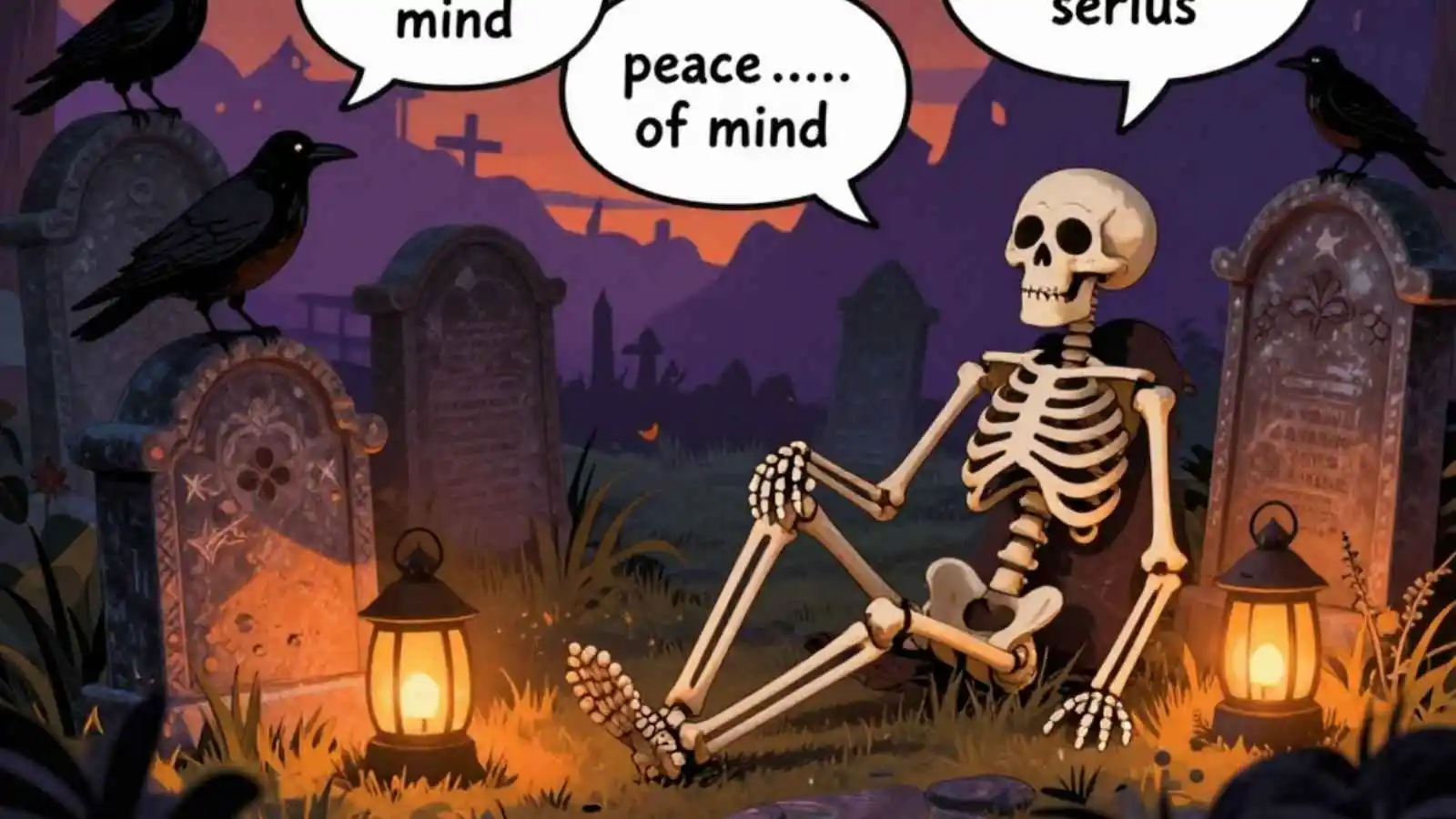 Skeleton relaxing among tombstones with hilarious original death puns floating in speech bubbles.
