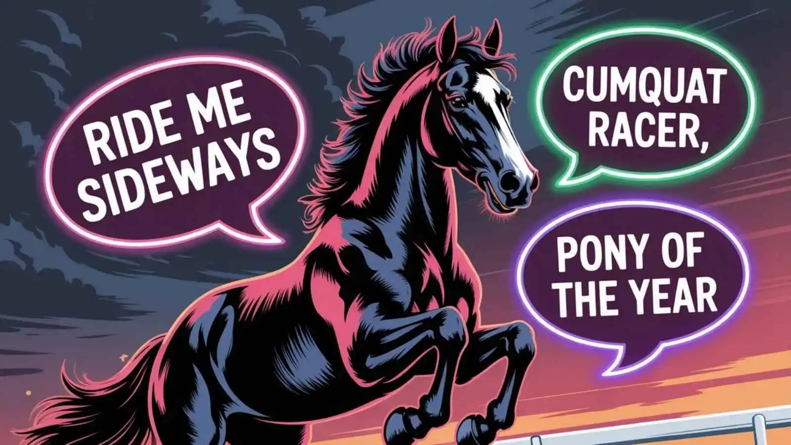 Majestic rearing stallion with glowing neon dirty horse name puns floating around it.