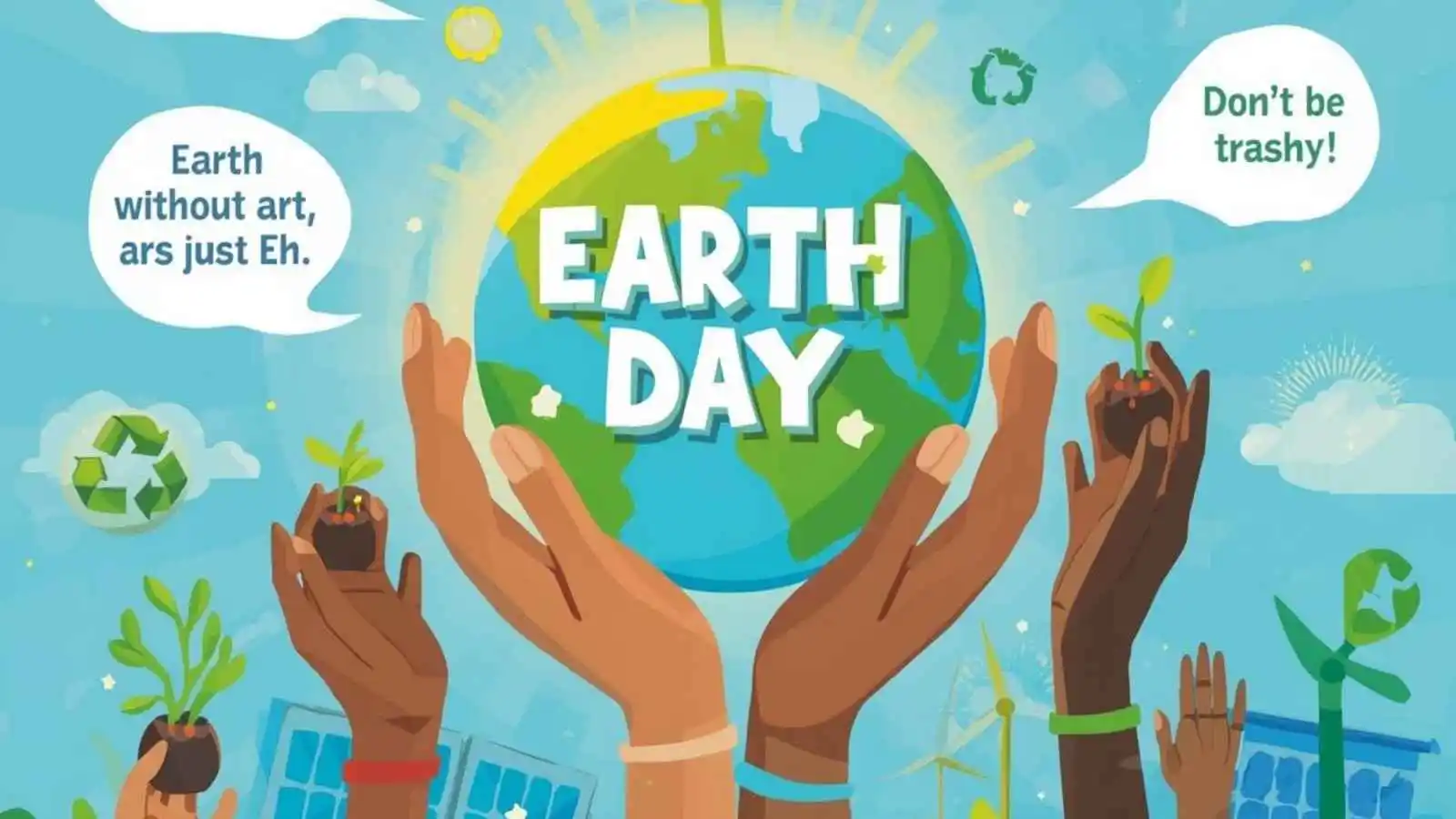 Beautiful glowing Earth held by hands with sprouting plants and hilarious original puns floating in speech bubbles.