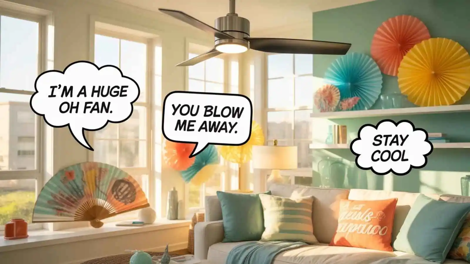 Spinning ceiling fan and handheld fans with hilarious original puns floating in speech bubbles.