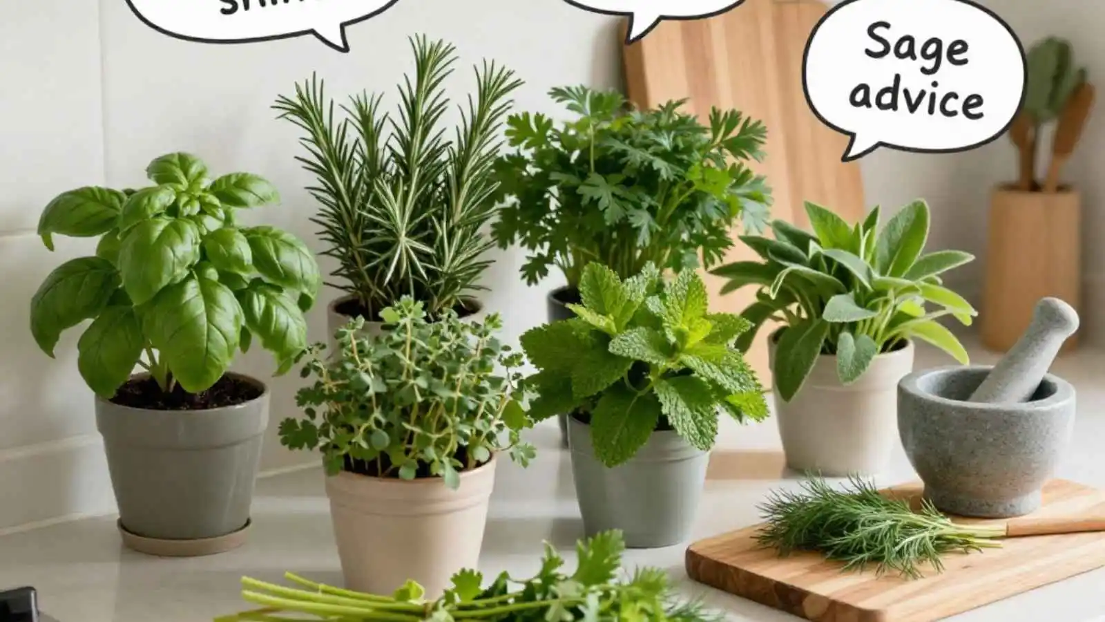 Fresh fragrant herbs arranged beautifully with hilarious original puns floating in speech bubbles.