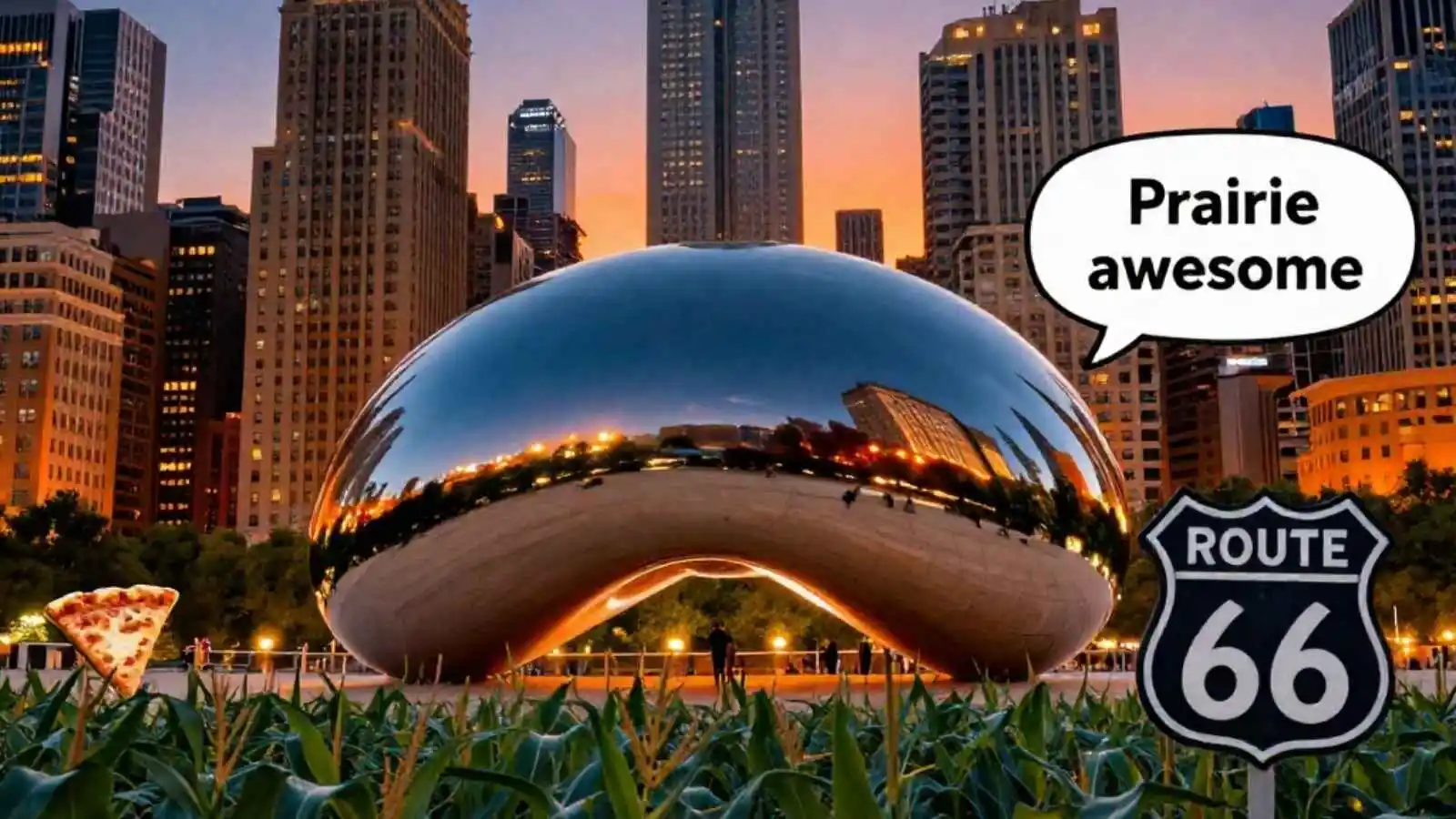 Chicago skyline, deep-dish pizza and cornfields with hilarious original Illinois puns floating in speech bubbles.
