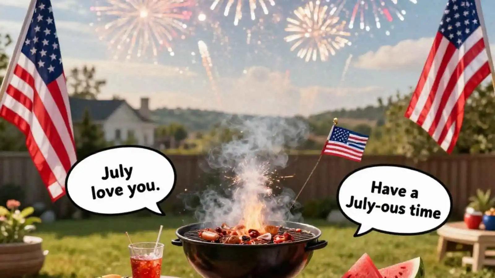 Festive July 4th barbecue setup with fireworks and hilarious original July puns floating in speech bubbles.