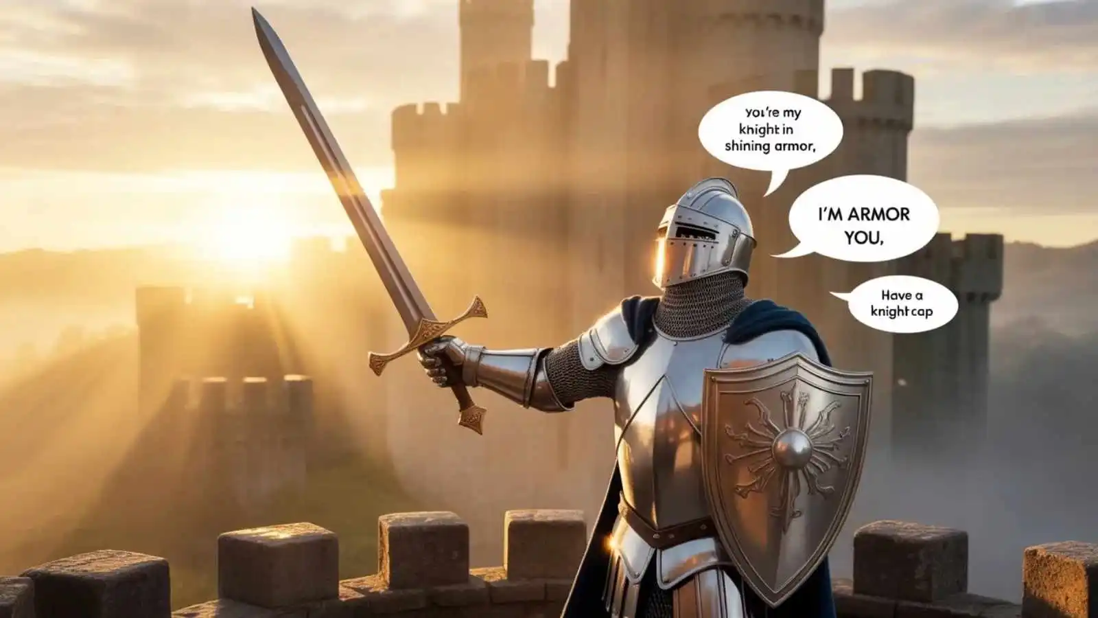 Valiant knight in full armor with hilarious original puns floating in speech bubbles.