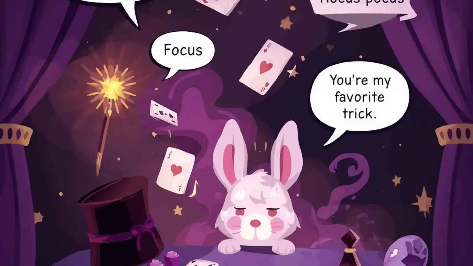 Magician’s table with wand, cards and rabbit, surrounded by hilarious original magic puns floating in speech bubbles.