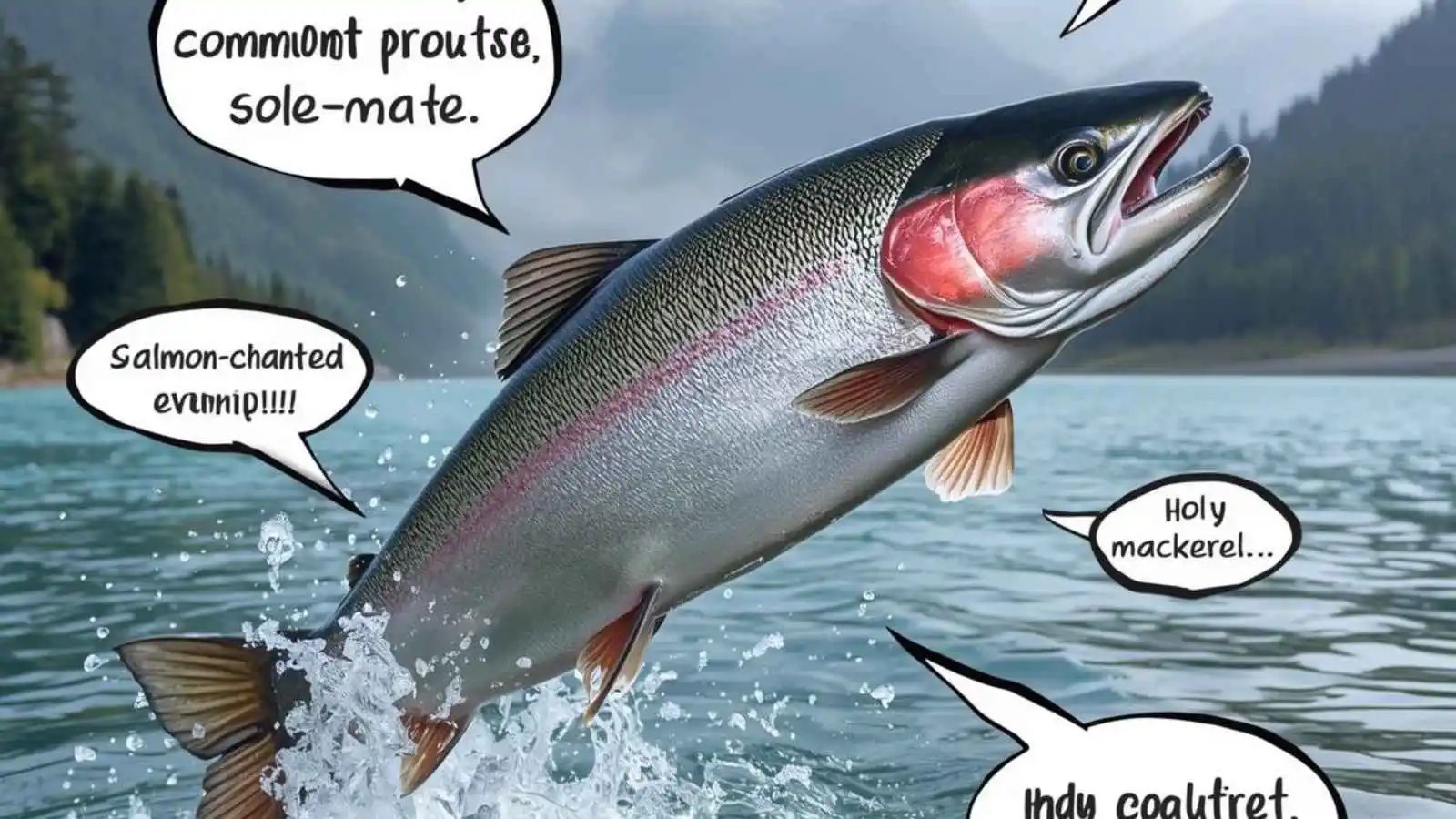 Majestic salmon jumping from sparkling river water with hilarious original puns floating in speech bubbles.
