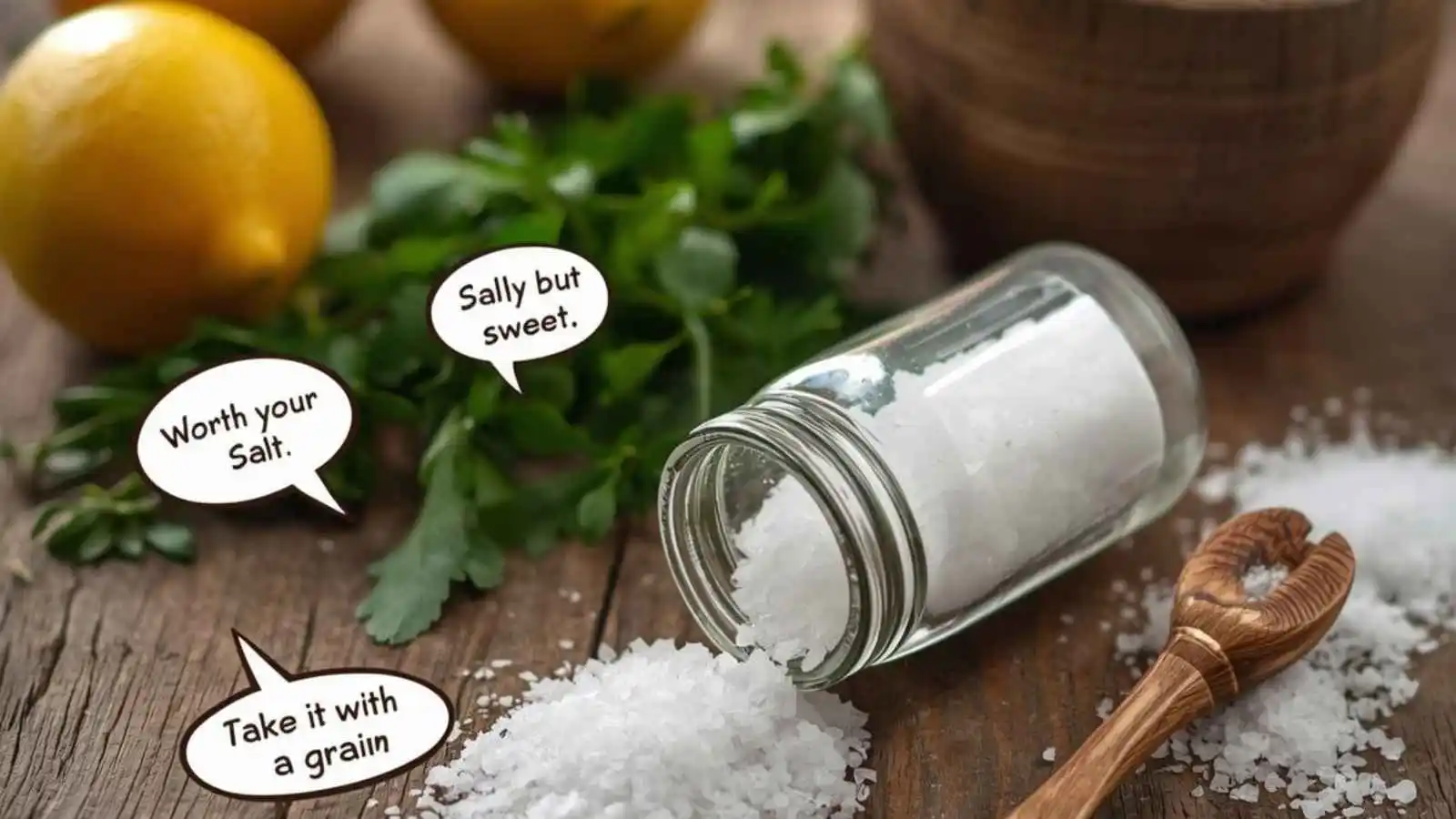 Spilled salt crystals and shaker with funny original puns floating in speech bubbles.