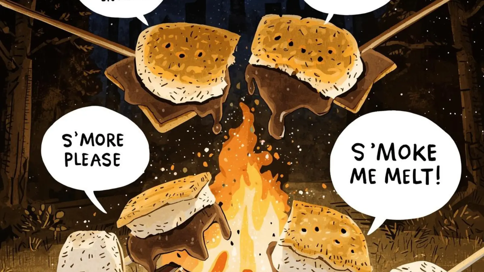 Gooey s'mores being pulled apart over a campfire with hilarious original puns floating in speech bubbles.