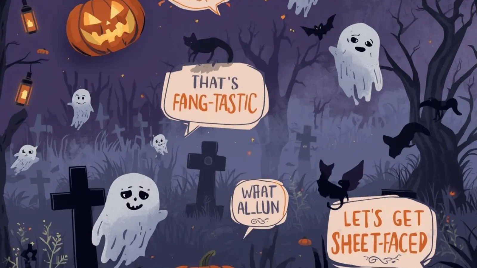 Eerie graveyard scene with jack-o'-lanterns and ghosts plus hilarious original spooky puns floating in speech bubbles.