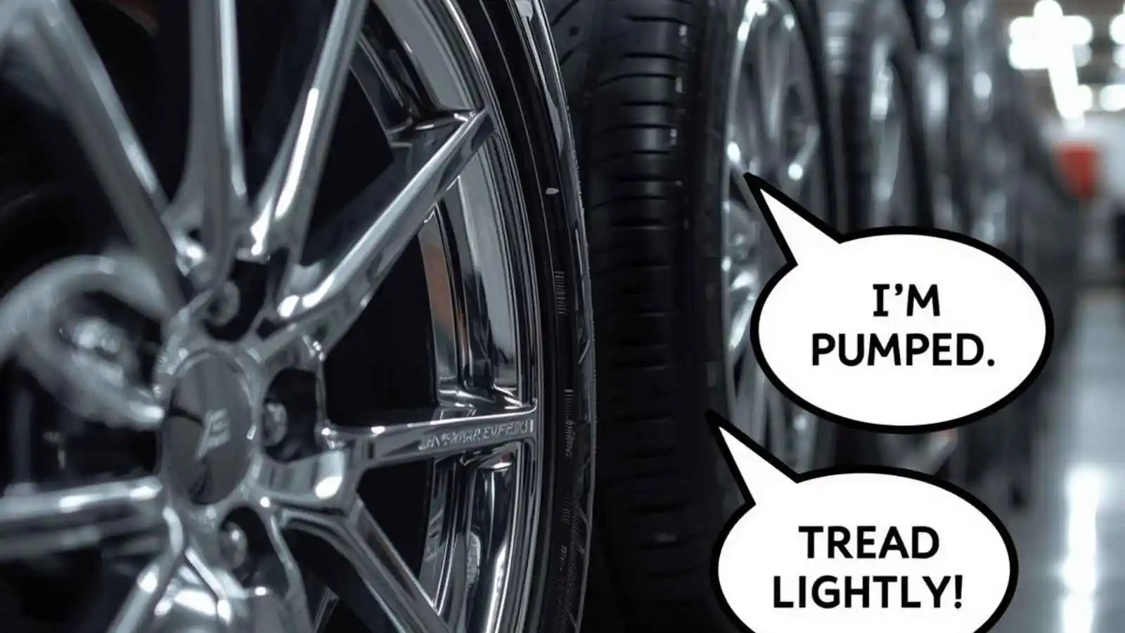Shiny stacked car tires with hilarious original puns floating in speech bubbles.