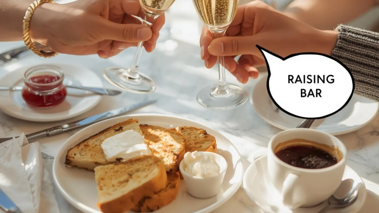 Golden toast with butter and champagne glasses, surrounded by hilarious original puns floating in speech bubbles.