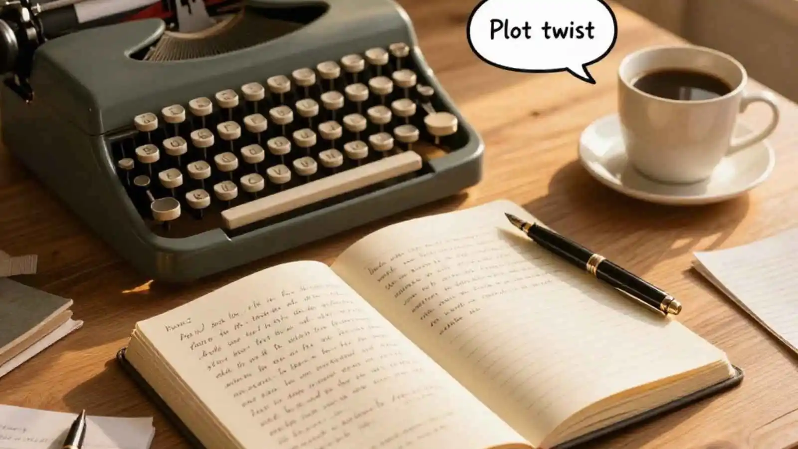 Vintage typewriter and notebook with hilarious original writing puns floating in speech bubbles.